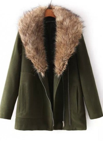 Long Sleeve Faux Fur Lapel Woolen Coat-Green